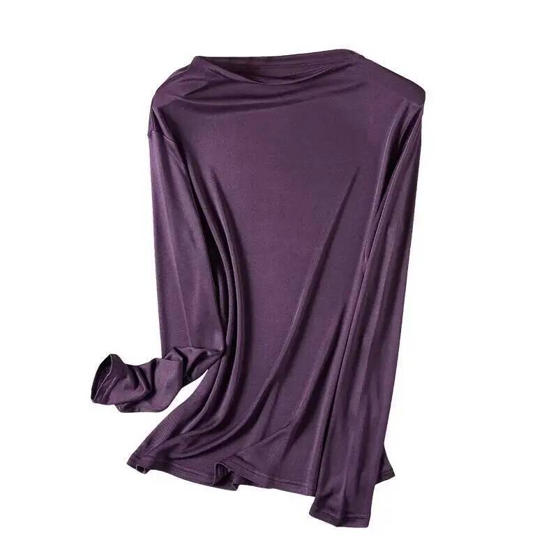 T-shirt col haut en soie Pure pour femme, haut en soie de mûrier, tricot Double face, manches longues, automne et hiver