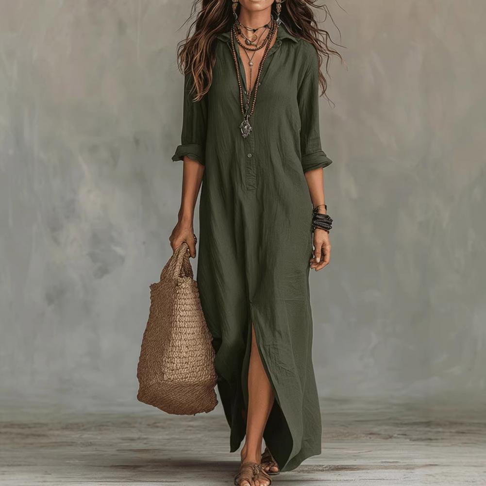 Robe élégante et simple, coupe ample, mi-longue, couleur unie, chemise à manches longues, poche boutonnée, légère