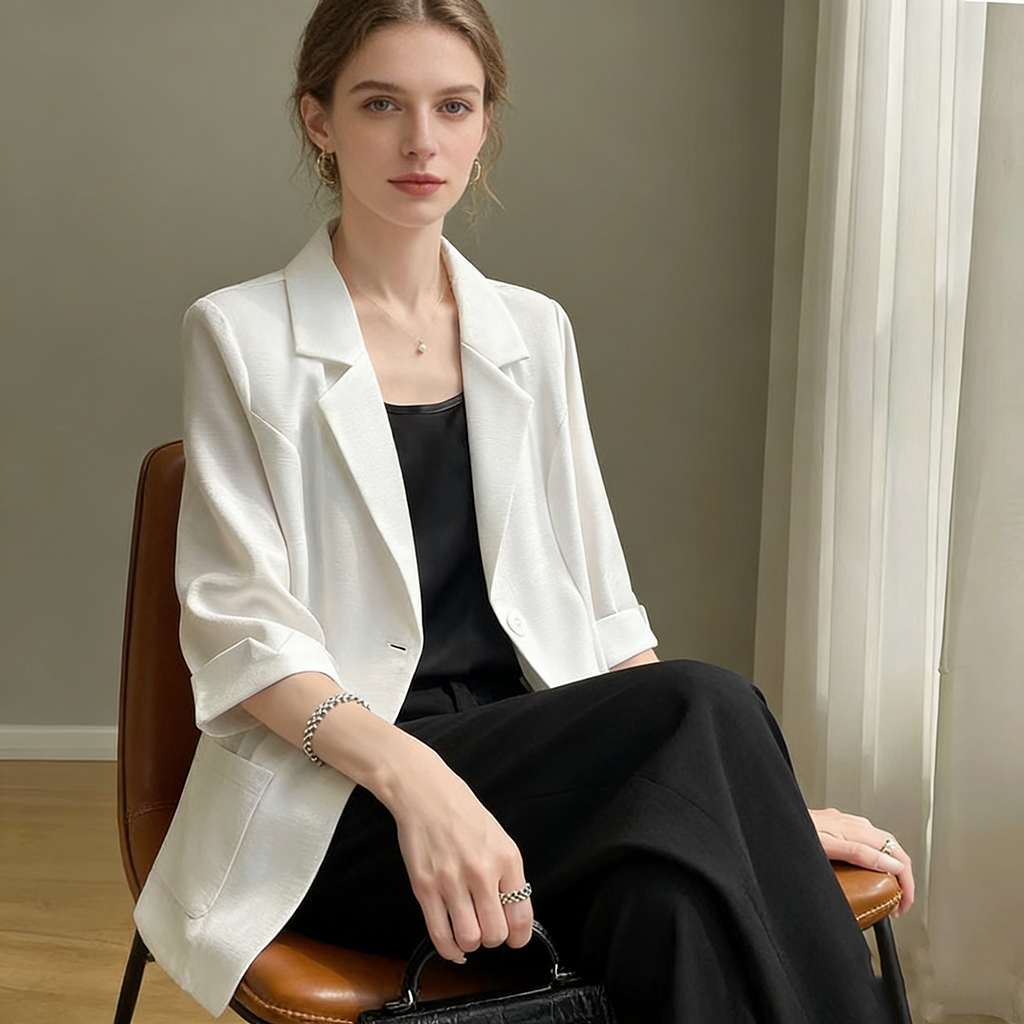 Blazer blanc à manches 3/4 pour femmes, veste de costume de bureau élégante, poche ample, vêtements de travail formels, décontracté pour dames