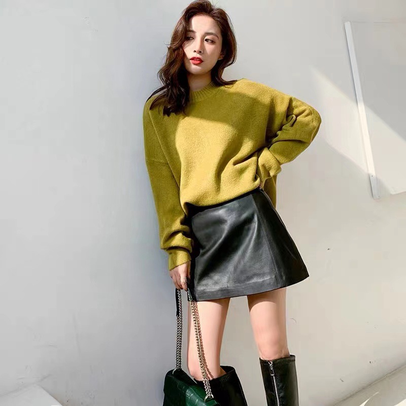 Jupe en cuir de mouton pour femme, nouvelle collection 2026, taille haute, mini-jupe slim printemps-automne, short en cuir véritable, bottes Y2K