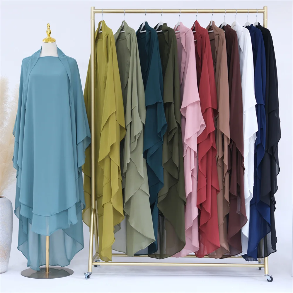 Robe en mousseline de soie à deux couches pour femmes musulmanes, vêtements islamiques extra longs, tiens imar Niqab, Eid Ramadan, vêtement de prière, robe aérienne Abaya, caftan