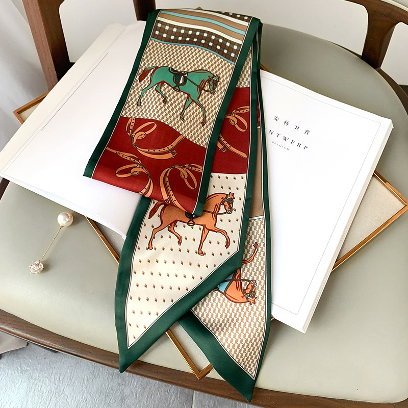 Long sac en soie cravate cou maigre écharpe bandeau Foulard cheval imprimé marque dame Foulard ruban 2024 printemps nouveau