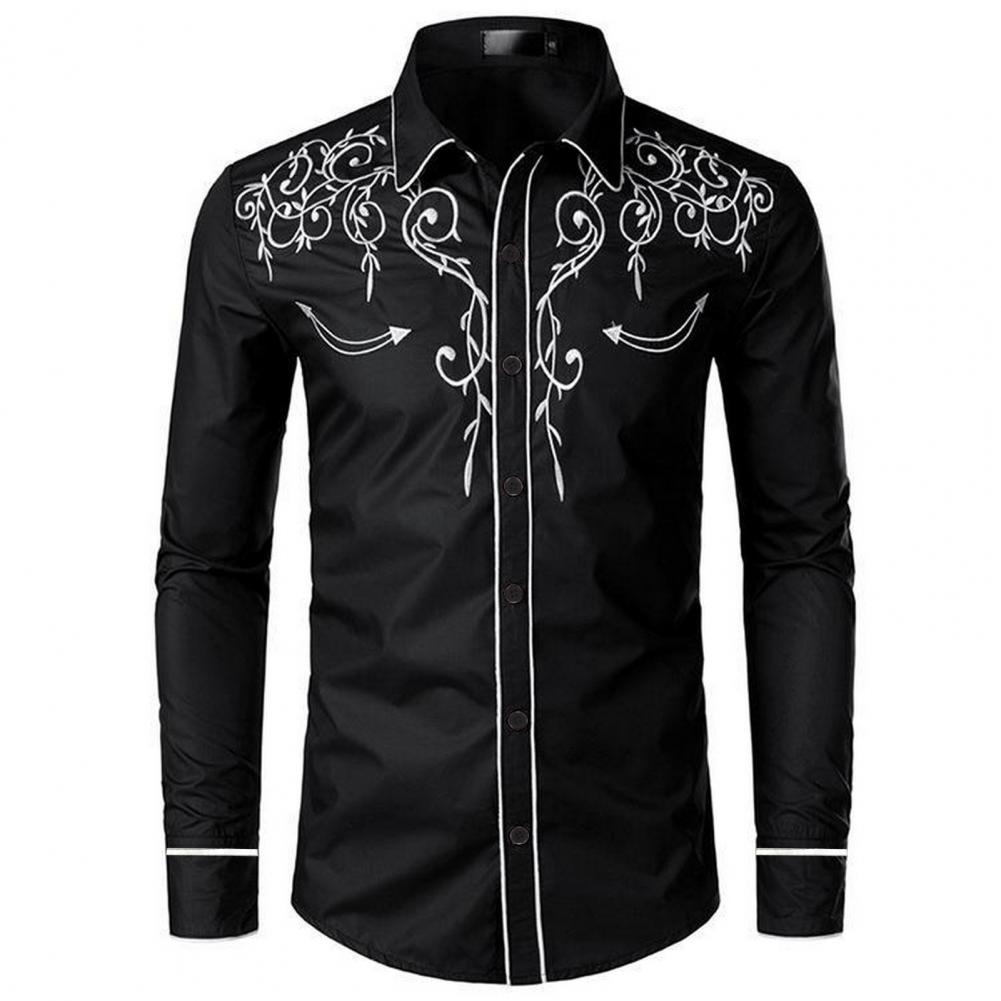 Chemise brodée à la mode pour hommes, Style Cowboy occidental, manches longues, col à revers, simple boutonnage, chemise brodée, haut décontracté