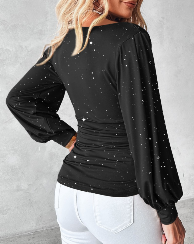 Chemisier élégant à paillettes rouges, manches longues et taille froncée, tissu tricoté en polyester, parfait pour le printemps/été/automne, élégant Bl