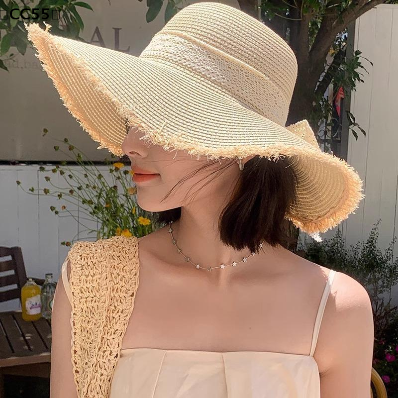 Chapeau de plage à nœud pour femme, chapeau de paille surdimensionné, chapeau d'été à grand bord pour femme, adapté à la protection solaire〔CC55〕