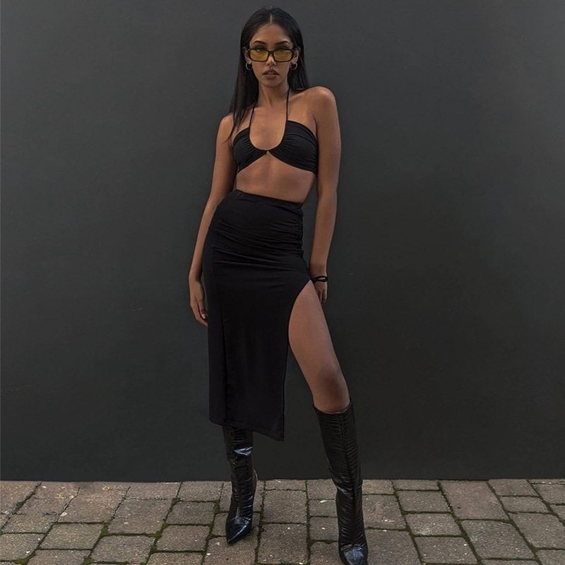 Femmes Sexy mince fente jupe irrégulière élastique taille haute plissée a-ligne jupe été américain rétro solide longue froncée jupes