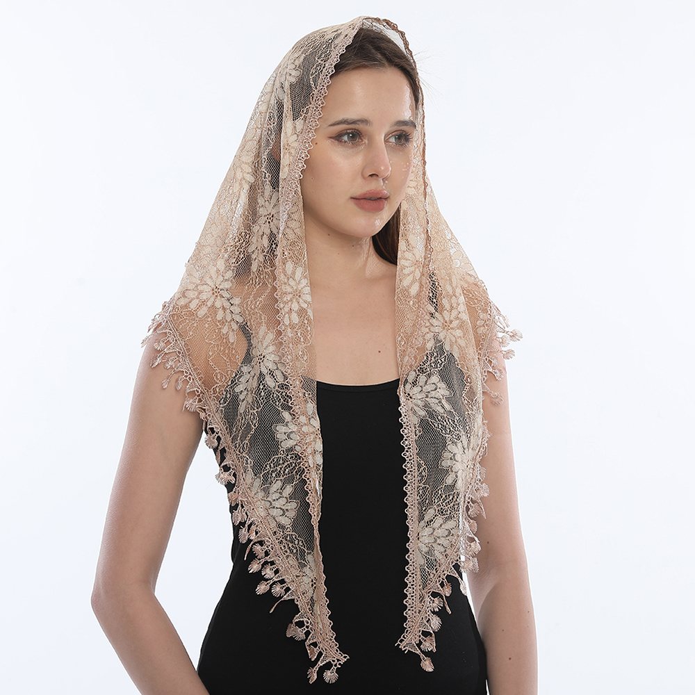 Écharpe brodée pour châle d'église avec franges espagnoles, voile chrétien, mantille espagnole, châle en dentelle, mouchoir Floral pour femmes