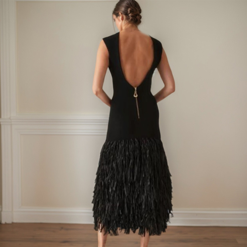 Robe tricotée à franges pour femmes, Style européen et américain, Sexy, coupe ajustée, pompon, sans manches, longue robe tricotée, robe à bretelles