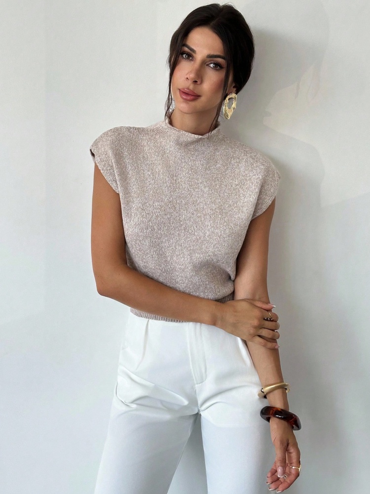 Pull en maille à col montant et manches courtes pour femme – Printemps, été, automne – Élégant, décontracté, coupe ajustée – Idéal pour le bureau, les trajets quotidiens et le streetwear