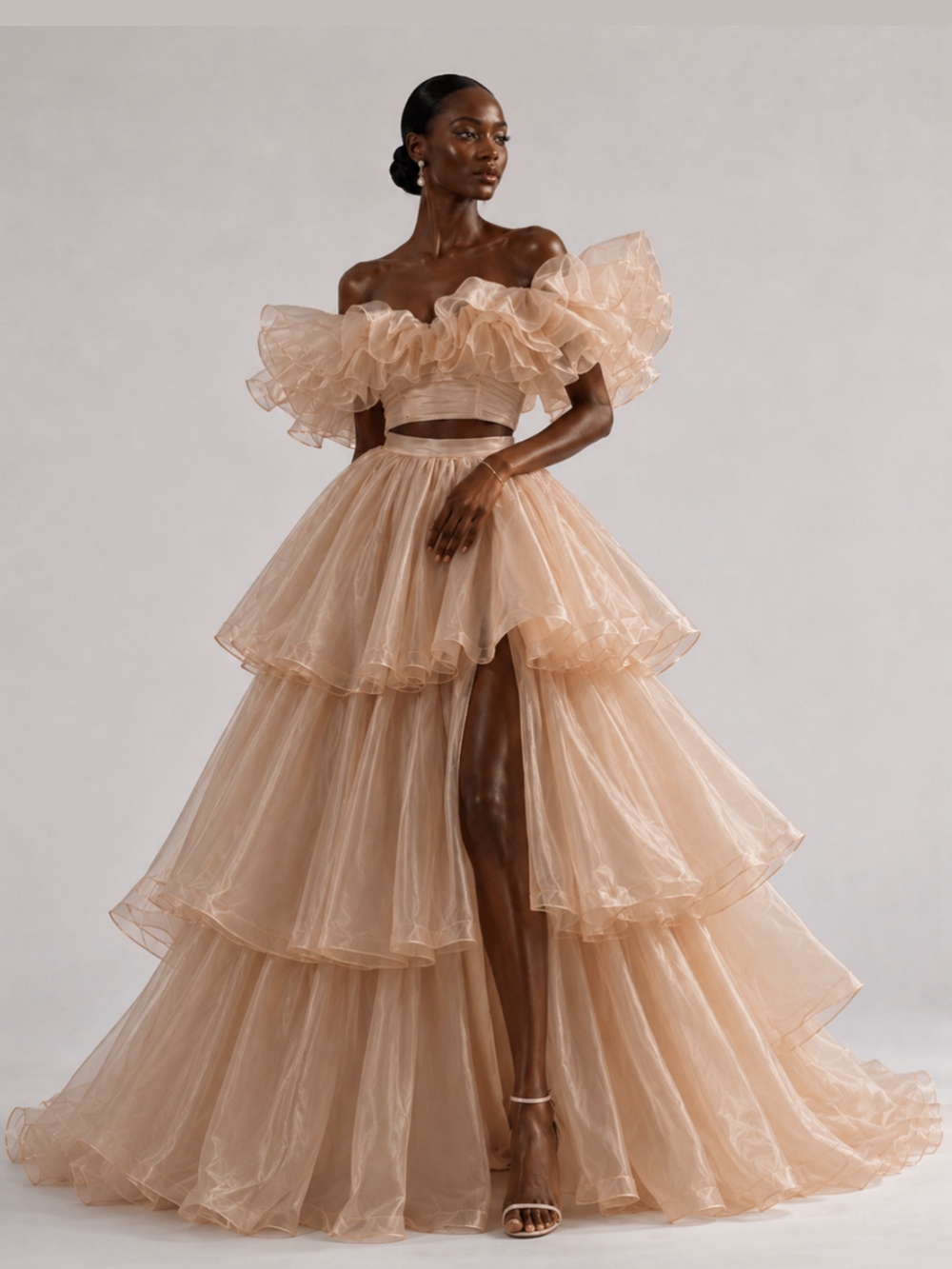 Jupe longue de soirée pour femme en tulle et organza, à volants, coupe bouffante, taille haute, avec fente, élégante et chic, pour l'été