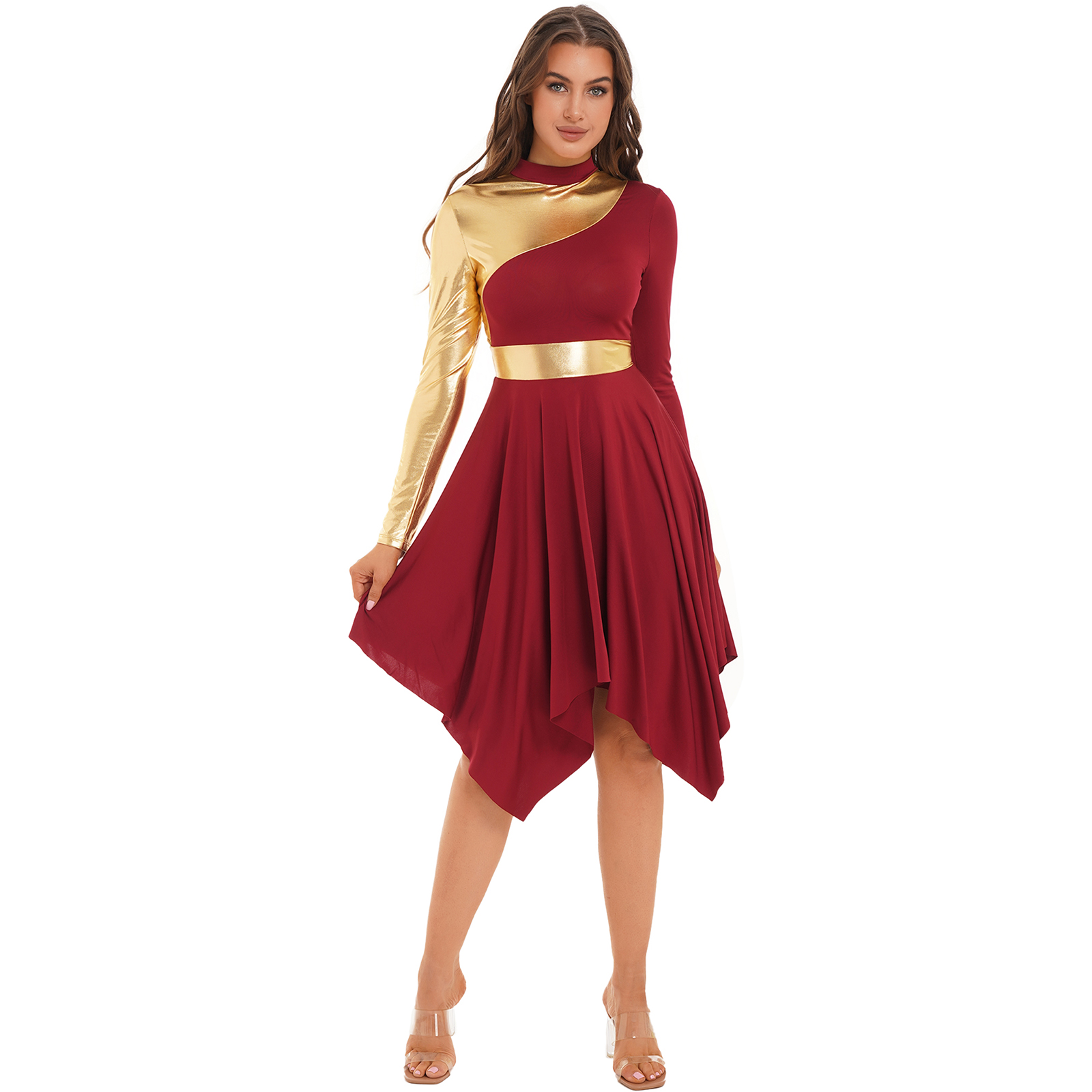 Tenue de danse liturgique pour femmes, manches longues, ourlet asymétrique, robe de couleur contrastée avec Patchwork métallique, pantalon à jambes larges