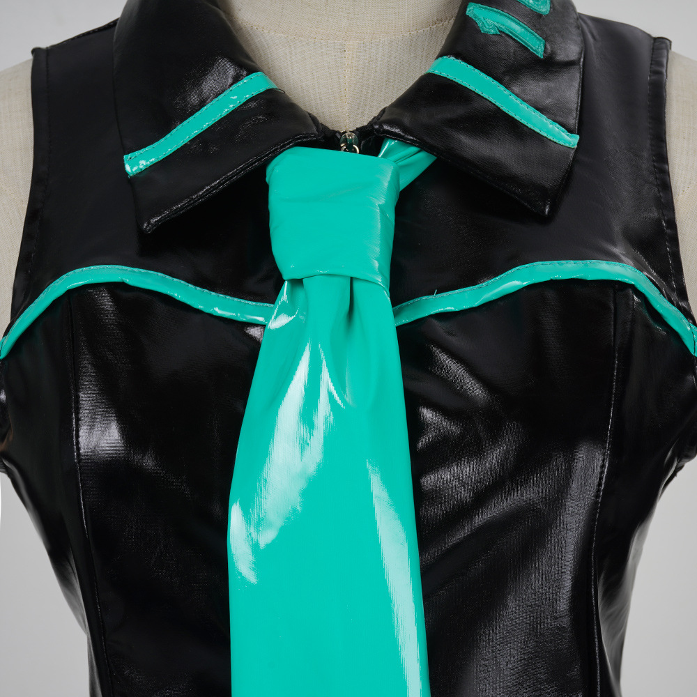 Tenue de cosplay d'idole virtuelle en cuir verni noir et vert, accessoires complets, perruque, chaussettes, bijoux pour Comic Con Party