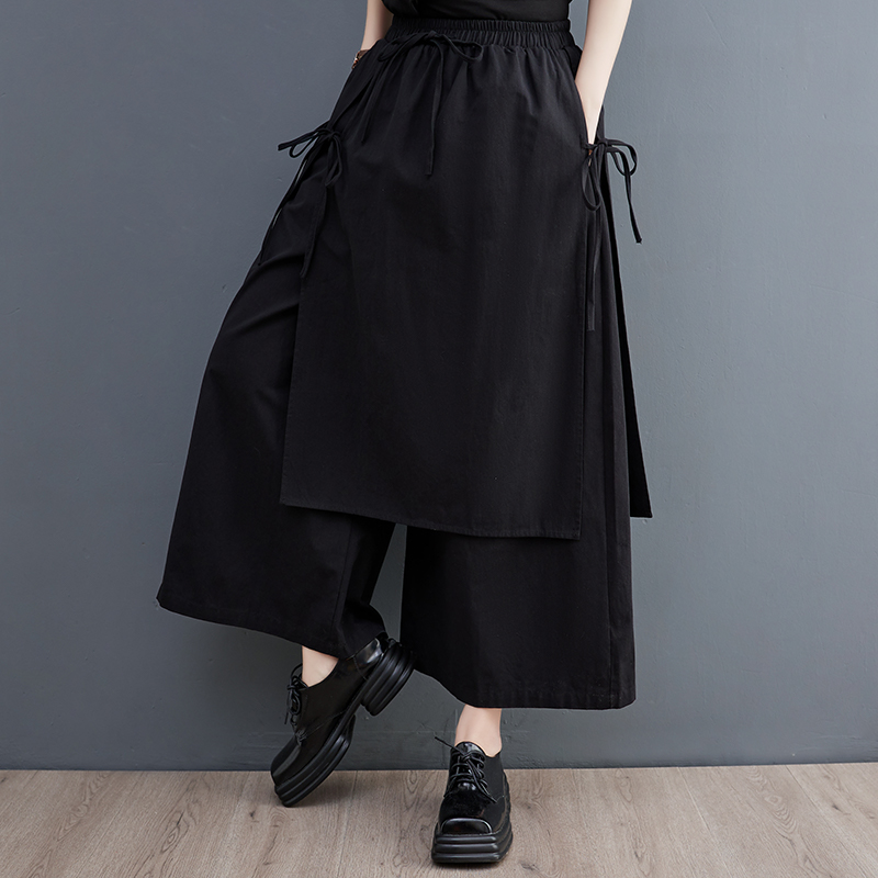 Pantalon jupe décontracté vintage taille haute en coton noir pour femme, coupe ample, printemps-été-automne, style streetwear 2026