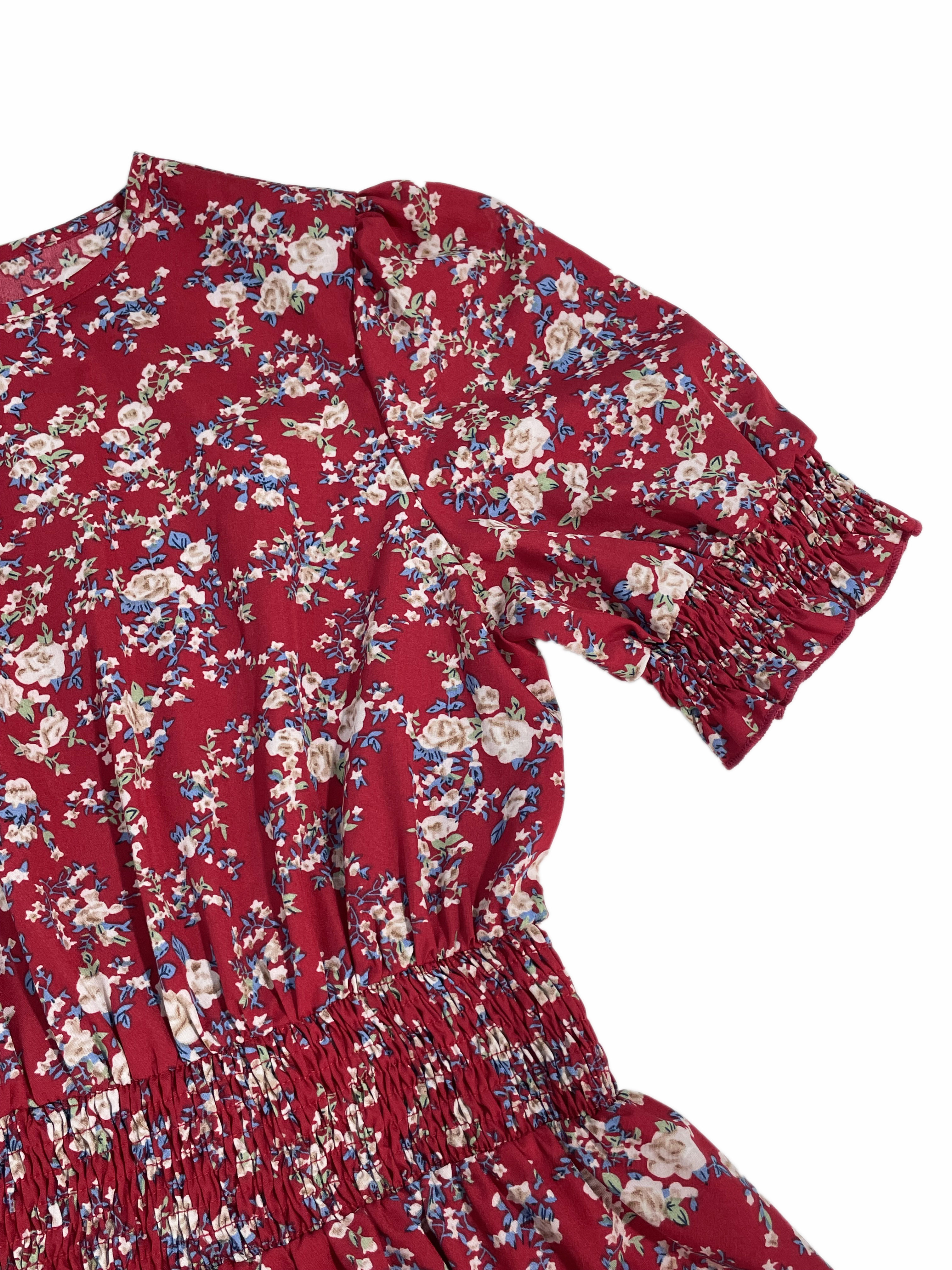 Robe à manches bouffantes à imprimé floral pour femmes, col rond, design à nouer à la taille, style bohème, tissu tissé, portable toute l'année