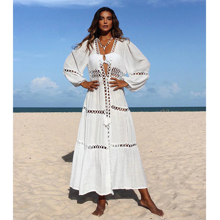 Robe de plage en dentelle, ajourée, détail crochet, cover-up pour les maillots de bain, pour les femmes, vêtements d'été, tunique, 2025