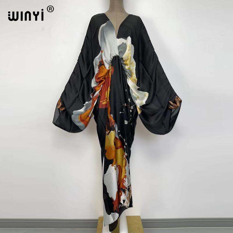 WINYI-Robe longue de plage en V profond, style bohème, kaftan, soie, rayonne, imprimé, mode 2022