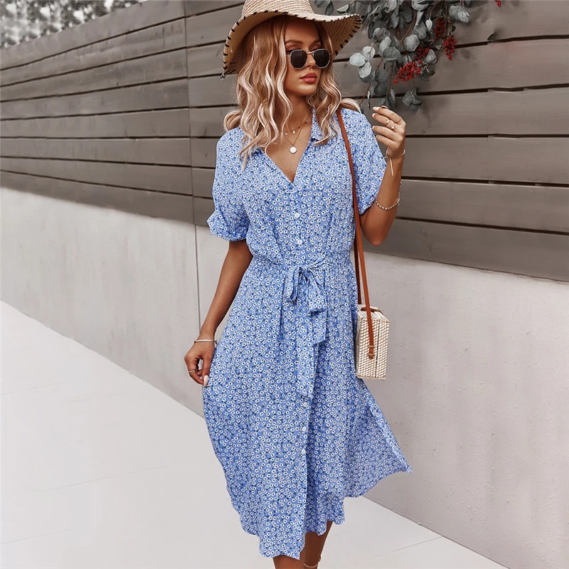 Robe d'été mi-longue à imprimé Floral pour femmes, décontractée, manches courtes, boutons, vacances, col en v, plage, Boho Chic, Robe élégante