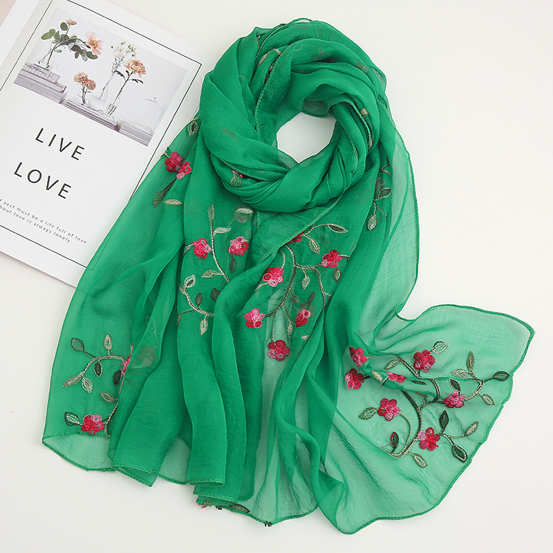 Écharpe Hijabs en mousseline de soie brodée pour femmes musulmanes, longue écharpe de couleur unie, enveloppante islamique, turban de Ramadan, casquette