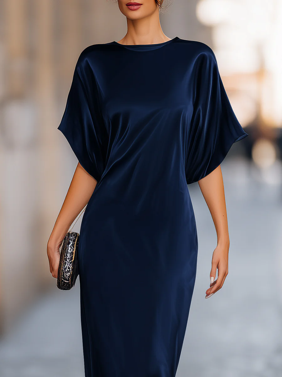 Robe longue en satin pour femme, manches chauve-souris courtes, élégante robe de soirée fluide, tenue décontractée ou formelle