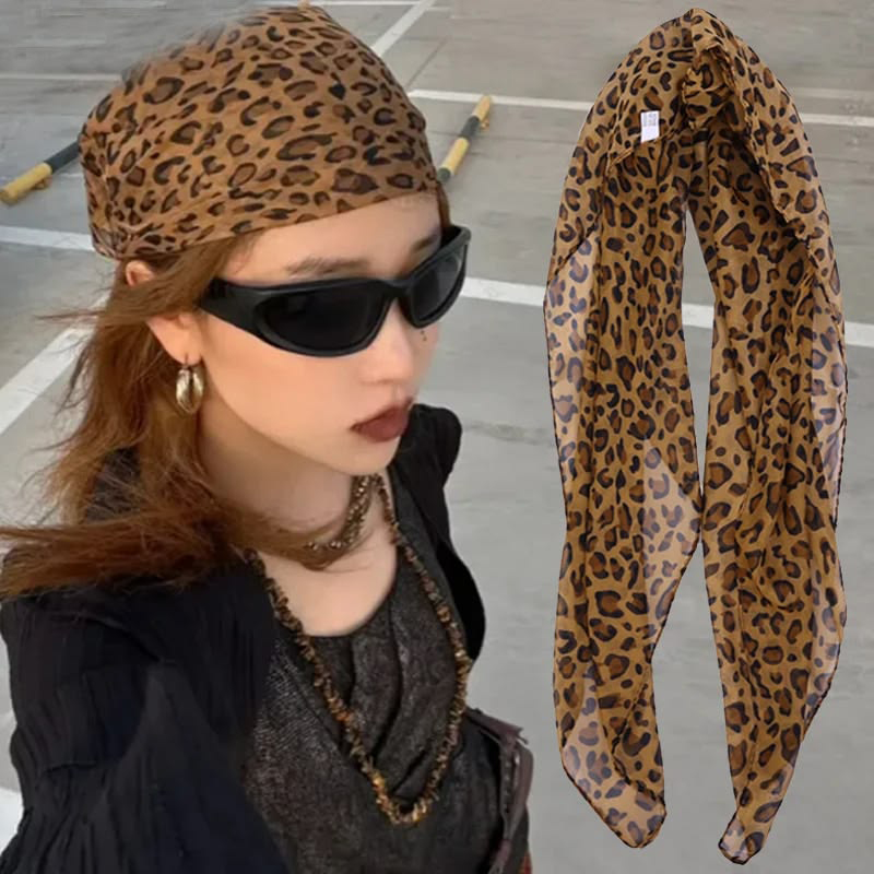 Écharpe en soie à motif léopard style rétro Y2K Spicy Girl, foulard cool de style américain pour la danse urbaine, accessoire de mode pour cheveux pour femmes et filles