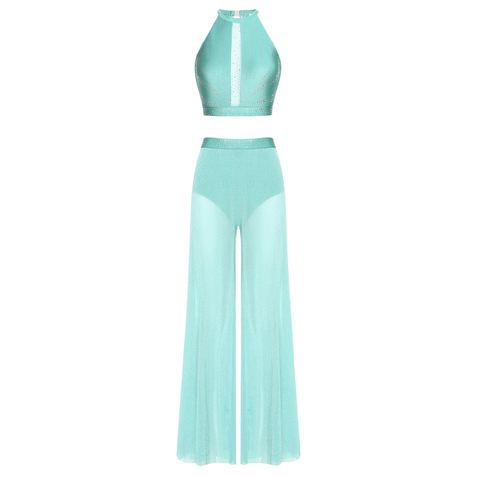 Costume de danse lyrique moderne pour femmes, débardeur court à strass, pantalon en maille fluide, vêtements de patinage, gymnastique et acrobaties