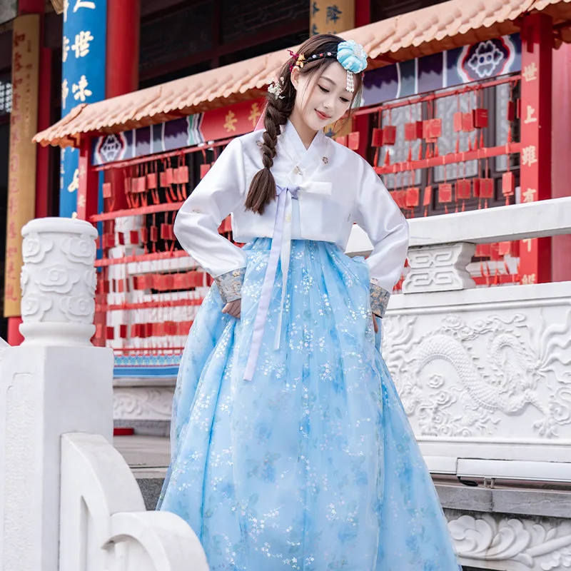 Ensemble de robe traditionnelle coréenne Hanbok pour femmes, chemisier blanc, jupe bleue scintillante, costume national coréen pour la photographie de voyage