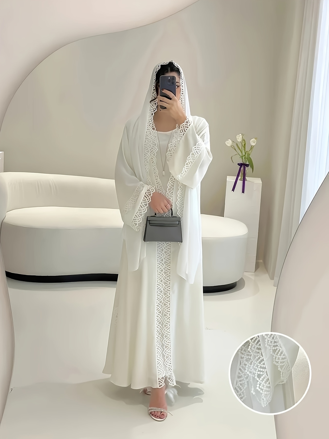 Style ethnique moyen-orient élégant ouvert devant couleur unie Robe nouveau musulman ample confortable respirant plage vacances blanc Cardigan dubaï saoudien traditionnel à manches longues Cardigan en dentelle robe de soirée