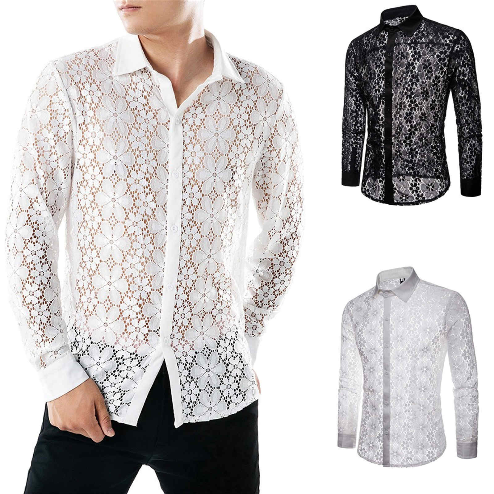 Chemise en dentelle à revers pour hommes, manches longues, creuse, simple boutonnage, légère, chemises coréennes d'été, nouvelle collection