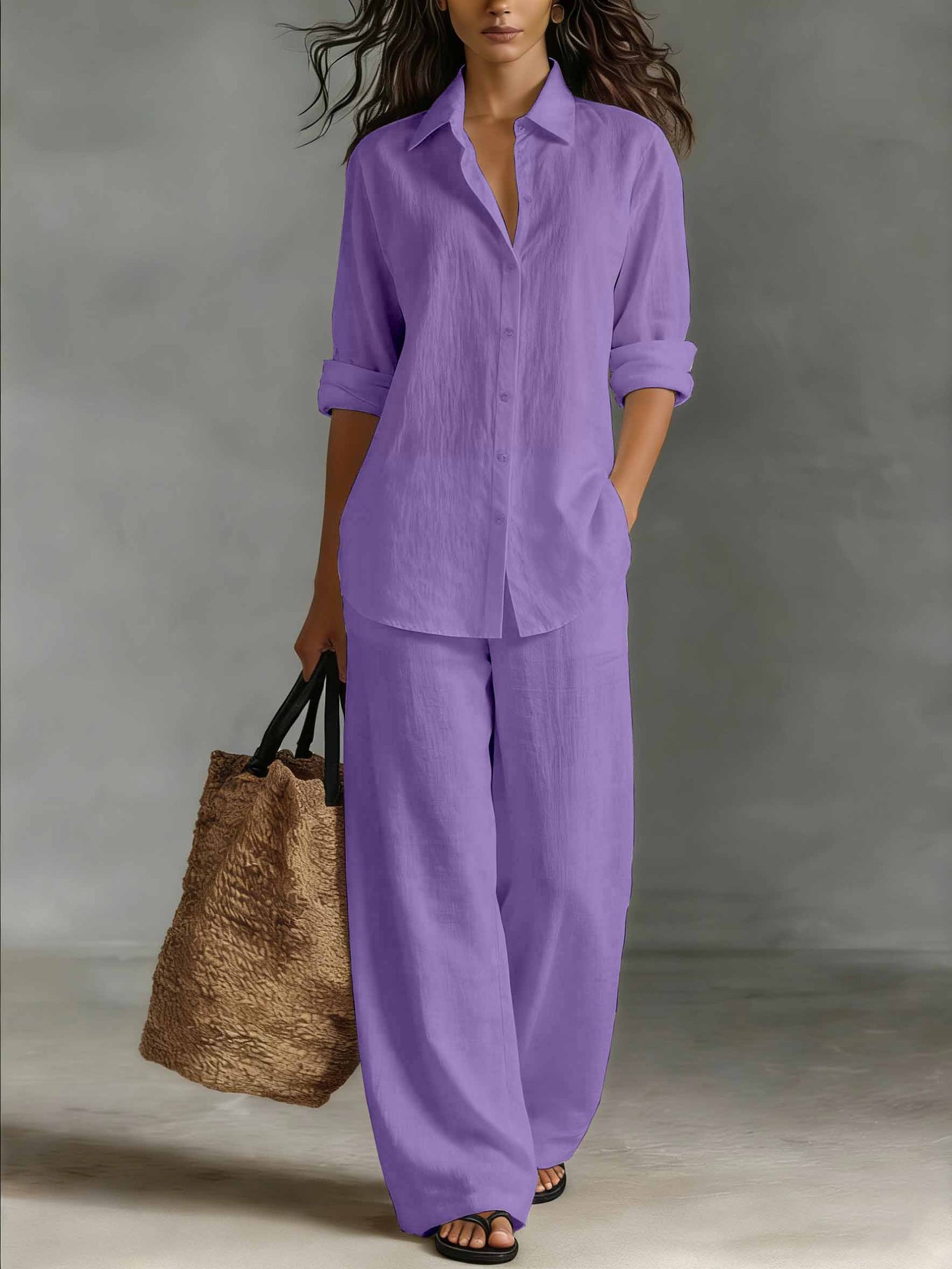 Ensemble de chemise en coton et lin à manches longues pour femmes, pantalon large en coton et lin pour le printemps et l'automne, ensemble de bureau 2 pièces pour femmes