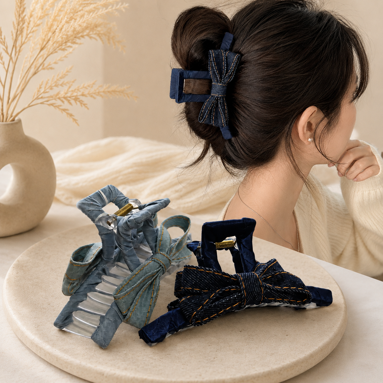 Pince à cheveux en satin avec nœud pour femmes, grande pince requin antidérapante en tissu denim coréen, accessoires de coiffure élégants pour cheveux épais