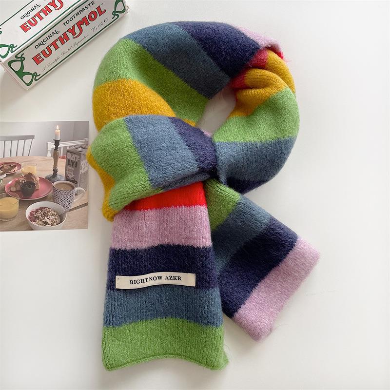 Écharpe Mohair à rayures arc-en-ciel pour hommes et femmes en hiver, écharpe courte en laine à rayures bloquant les couleurs, écharpe courte chaude pour étudiants