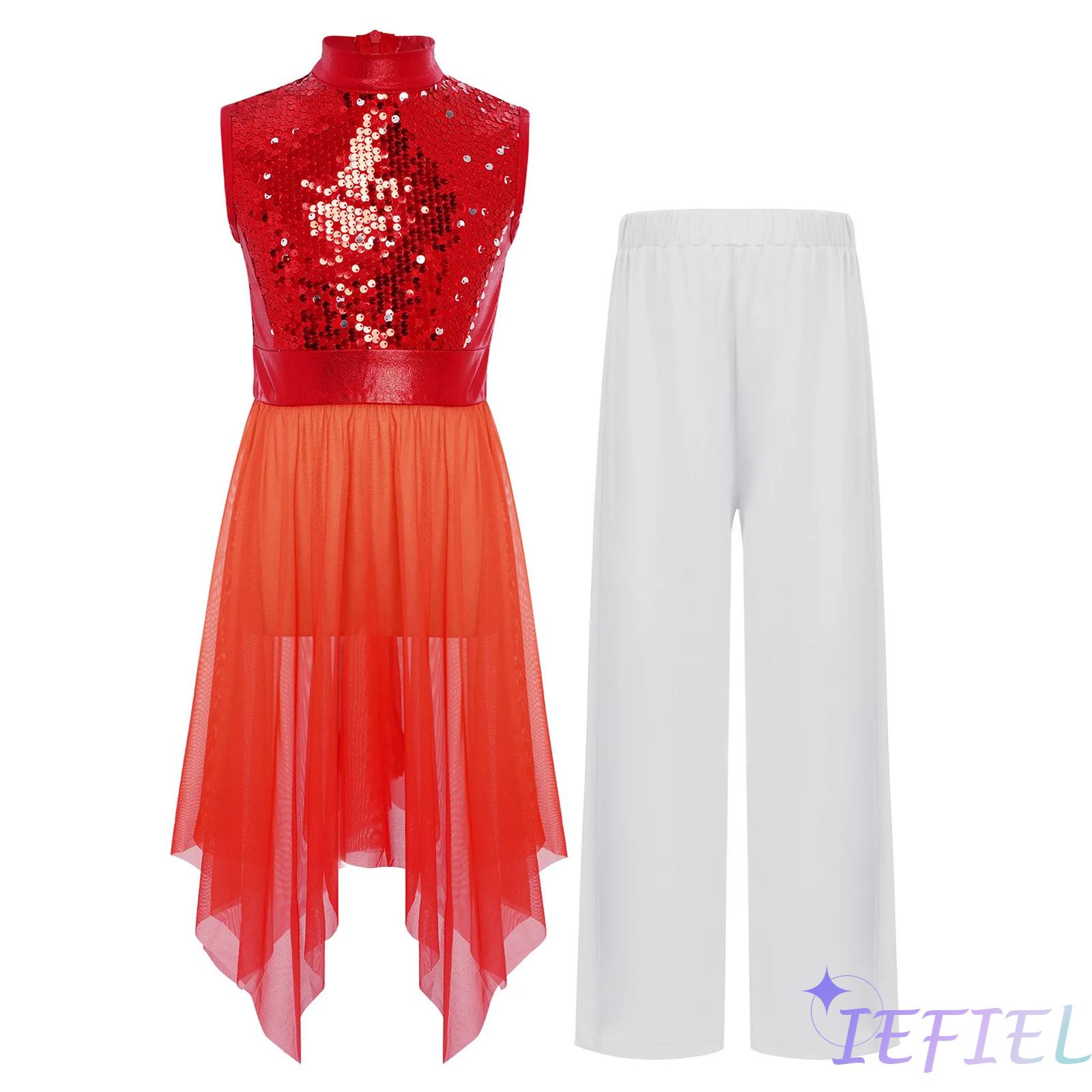 Robe de danse liturgique pour filles, Costume sans manches, ourlet asymétrique, Robe de danse de culte d'église avec pantalon pour la danse lyrique