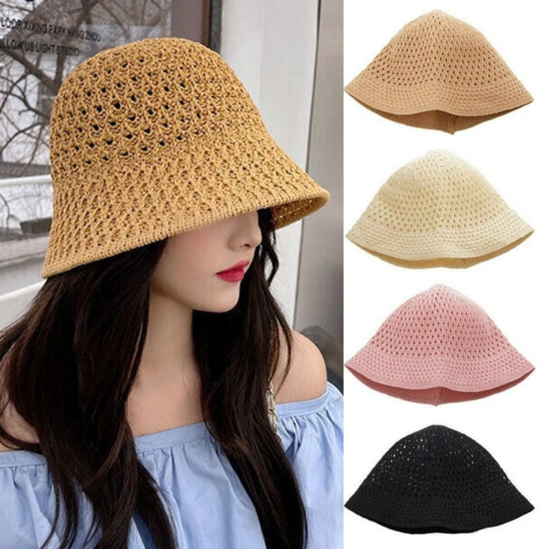 Chapeau de paille de plage pour femme, respirant, chic, style bob, tissé à la main, pour l'été, la pêche et la protection solaire