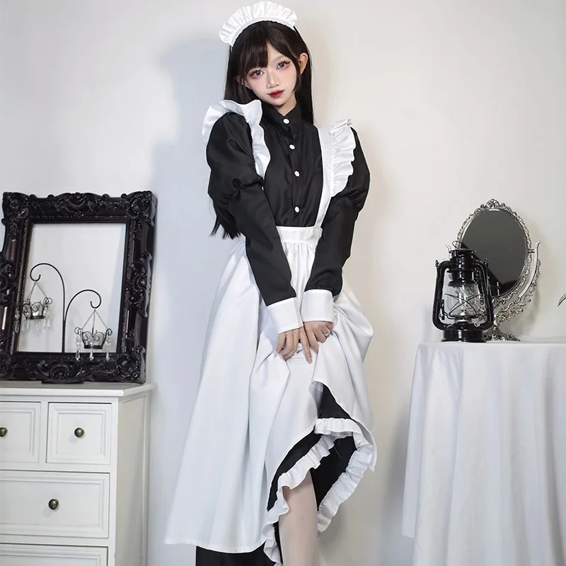 Tenue de demoiselle d'honneur de style japonais, robe longue noire et blanche, Lolita, unisexe, hommes, femmes, costume d'Halloween, uniforme, ensemble complet, adultes, grande taille
