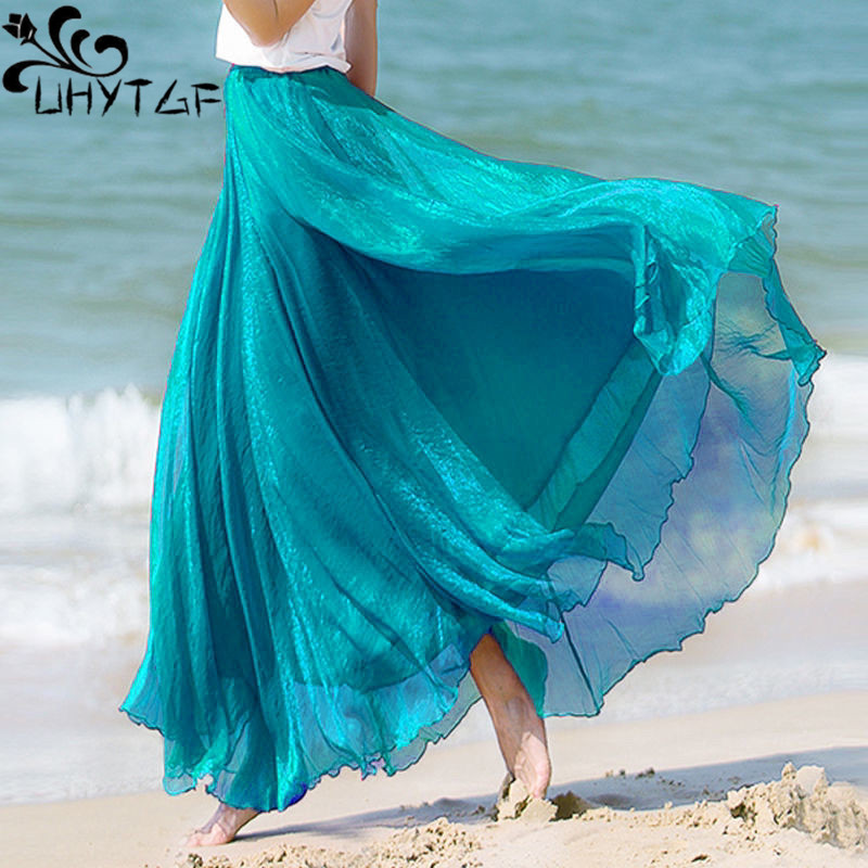 Robe de danse taille haute en mousseline de soie dorée pour femmes, jupe complète, mince, brillante, vacances à la plage, été, Louvain, 8 m, 720