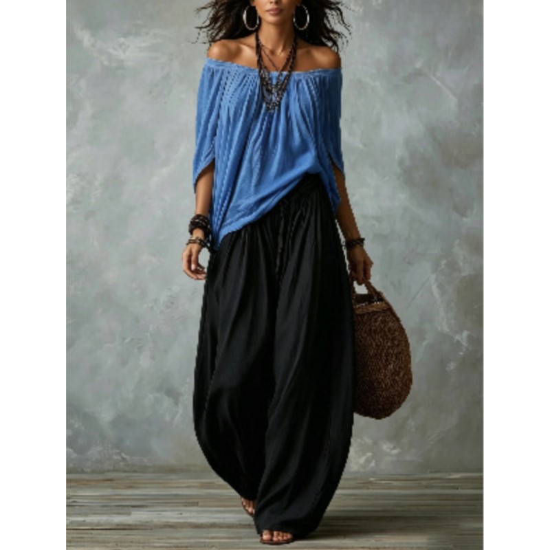 Ensemble deux pièces pour femmes, chemisier ample à épaules dénudées style bohème, pantalon large de style harem, tenue de vacances décontractée vintage pour femmes