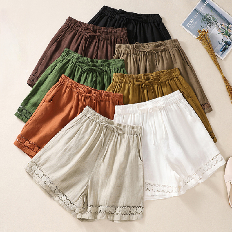 Pantalon court d'été décontracté en lin et coton, dentelle florale, ample, taille élastique, style Boho, vêtements de plage, bas pour femmes