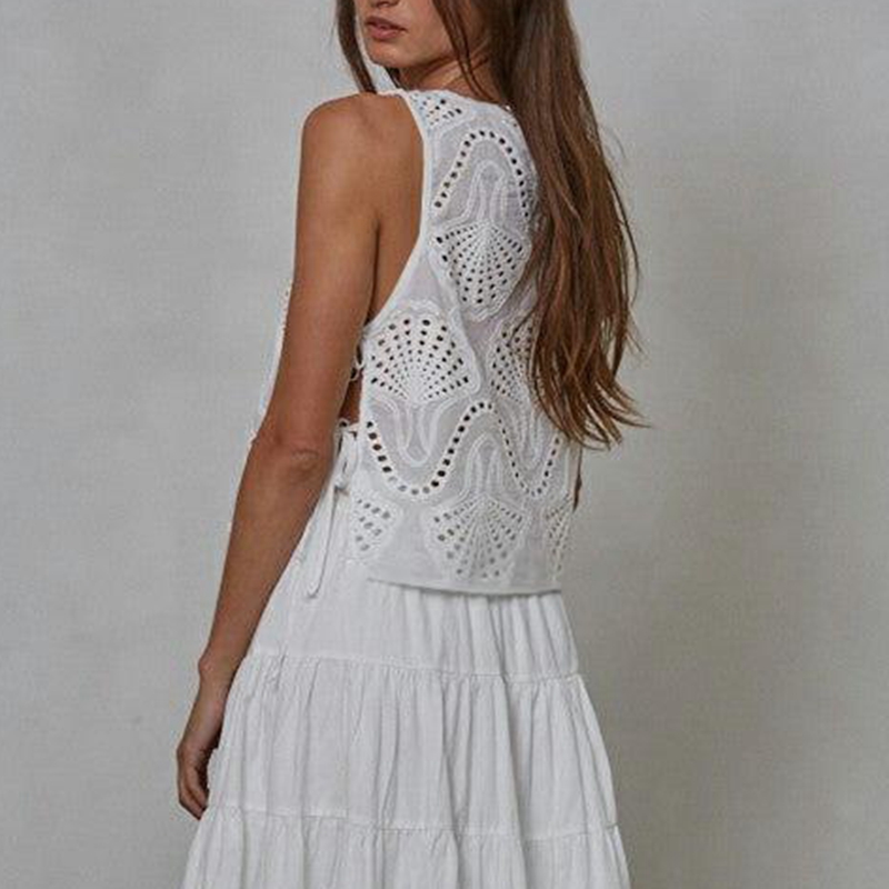 Combhasaki femmes été Chic sans manches culture débardeurs col rond motif esthétique oeillet évider côté nœud attaché gilet chemises