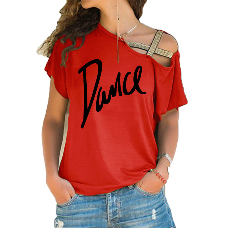 Femmes T-shirt ample Slash cou T-shirt dames décontracté lettre danse T-shirt été décontracté irrégulier biais croix pansement hauts T-shirt