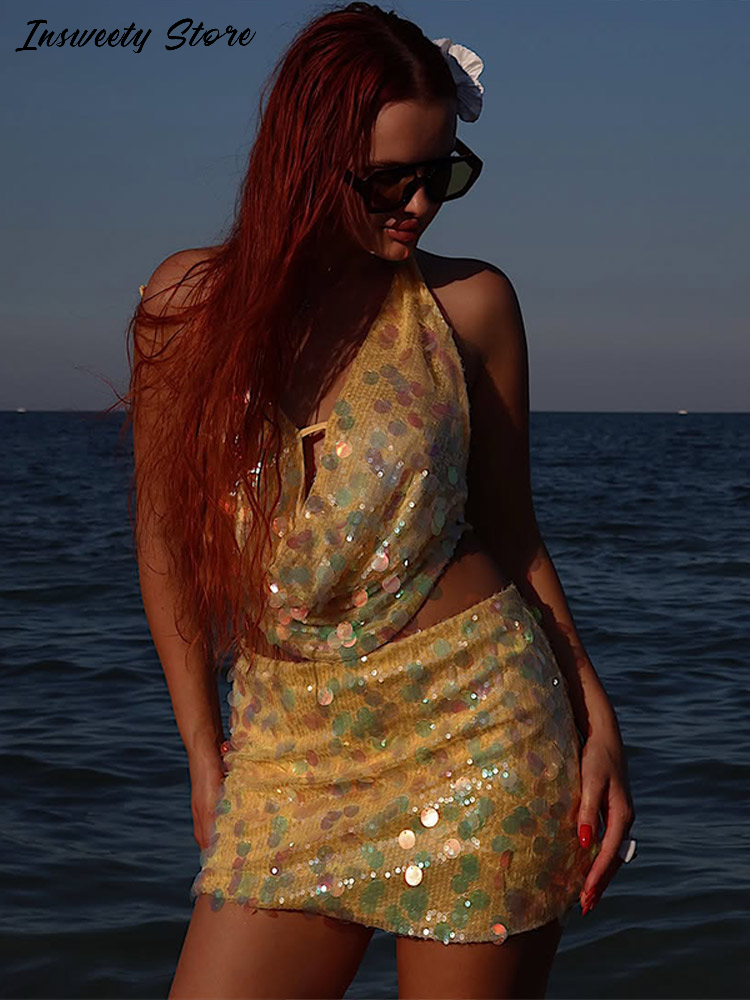 Ensemble deux pièces sexy à sequins pour femme : haut court dos nu à lacets et mini-jupe – Nouvelle collection 2026 pour les vacances à la plage