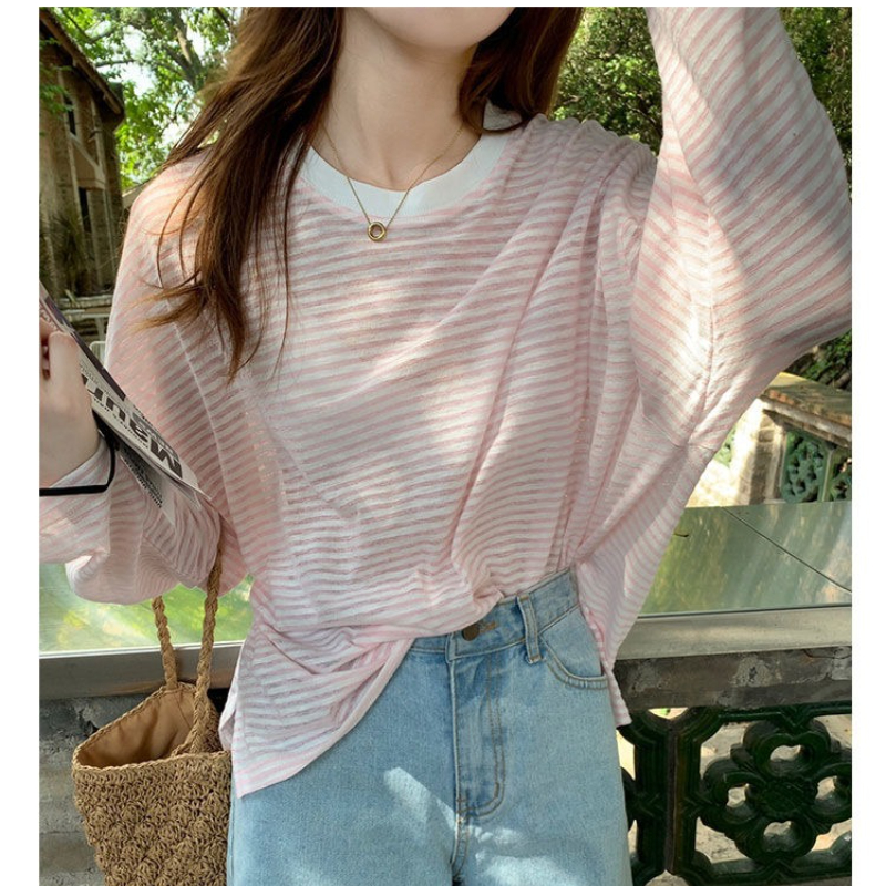 Vêtements pour femmes t-shirt décontracté été 2025 à manches longues mode Style coréen ample rayé crème solaire t-shirt décontracté