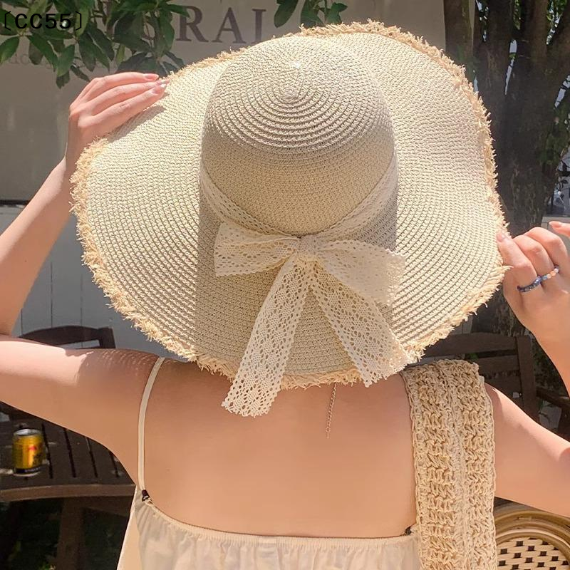 Chapeau de plage à nœud pour femme, chapeau de paille surdimensionné, chapeau d'été à grand bord pour femme, adapté à la protection solaire〔CC55〕