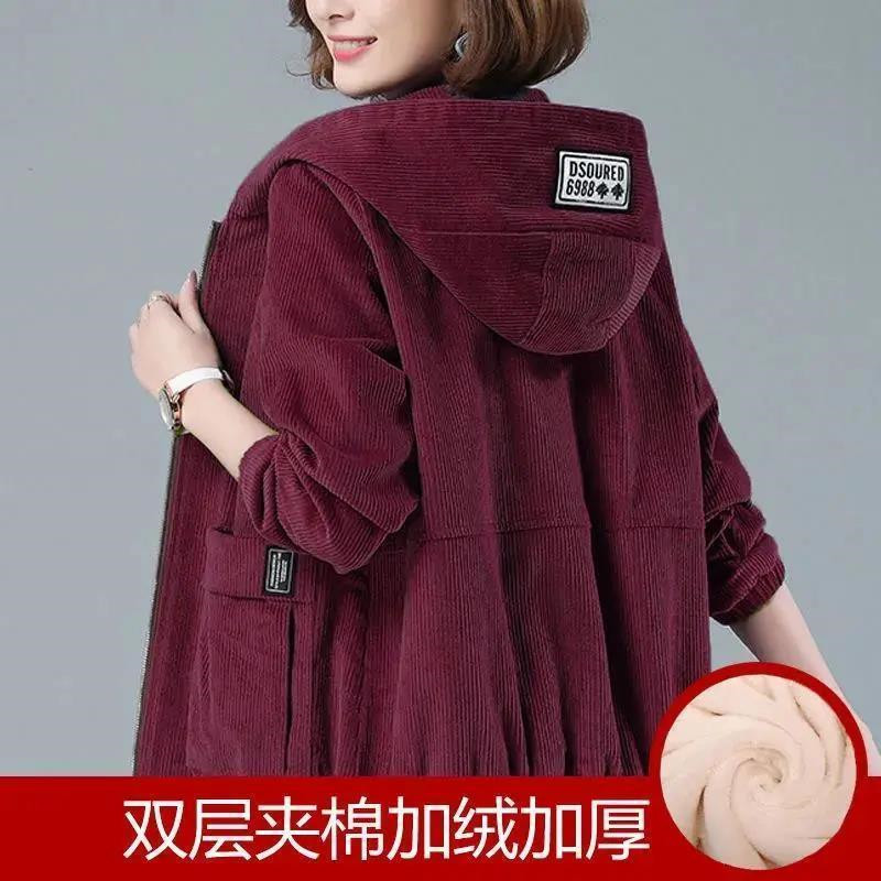 Manteau en velours côtelé pour femme 2026 – Nouvelle collection printemps-automne-hiver – Veste décontractée ample grande taille pour femme d'âge mûr