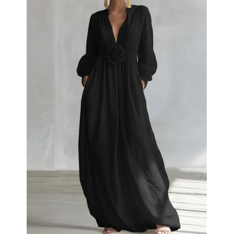 Robe longue bohème pour femme, col en V, manches longues, couleur unie, élégante et fluide, avec fleurs 3D, collection Printemps 2026