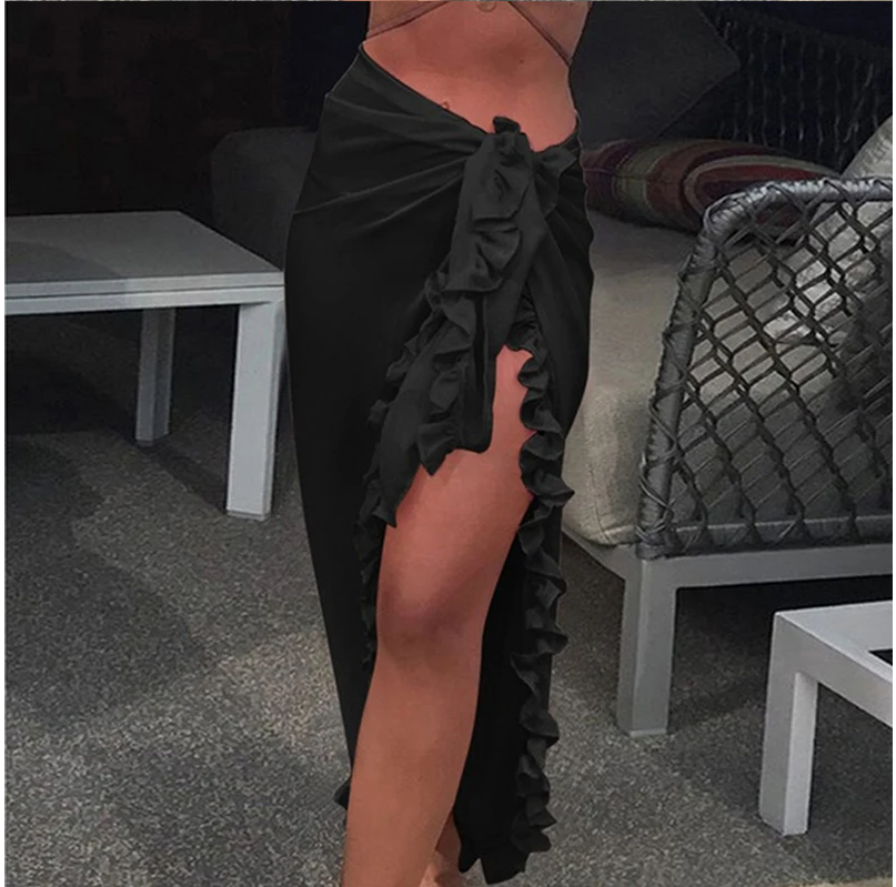 Robe de plage décontractée en mousseline transparente pour femme, paréo, sarong, écharpe de plage, cache-maillot de bain, à volants, couleur unie