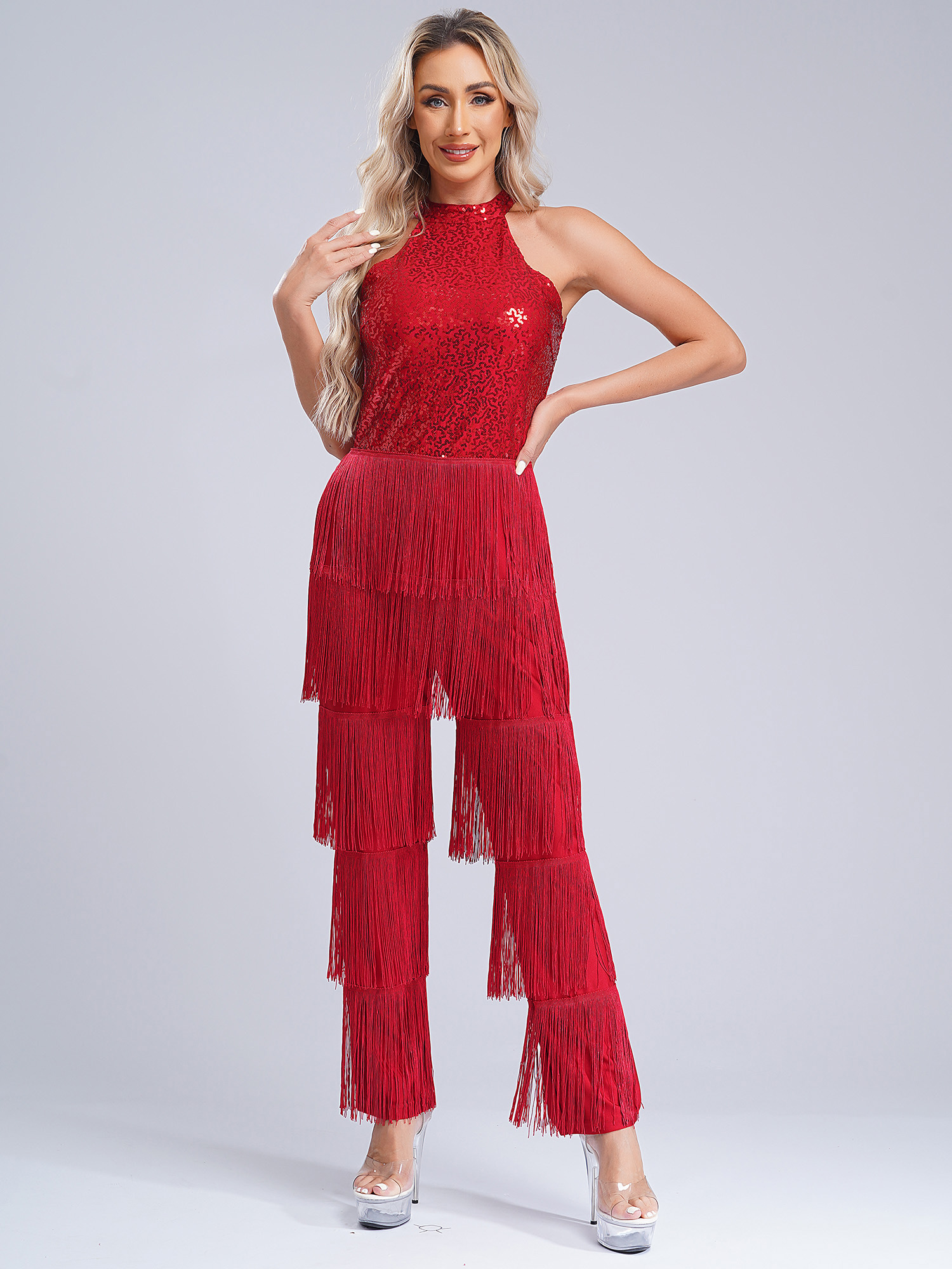 Combinaison de danse latine à franges pour femmes, robe de danse salsa, robes de danse tango samba rumba, paillettes sexy, barboteuses à pompons à plusieurs niveaux