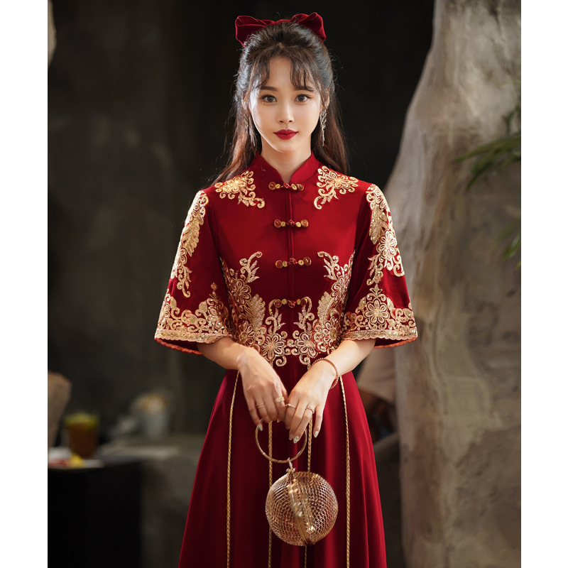 Robe Qipao longue en Satin pour femmes, bordeaux, Cheongsam, Style chinois, élégante, Sexy, Slim, XS-XXXL