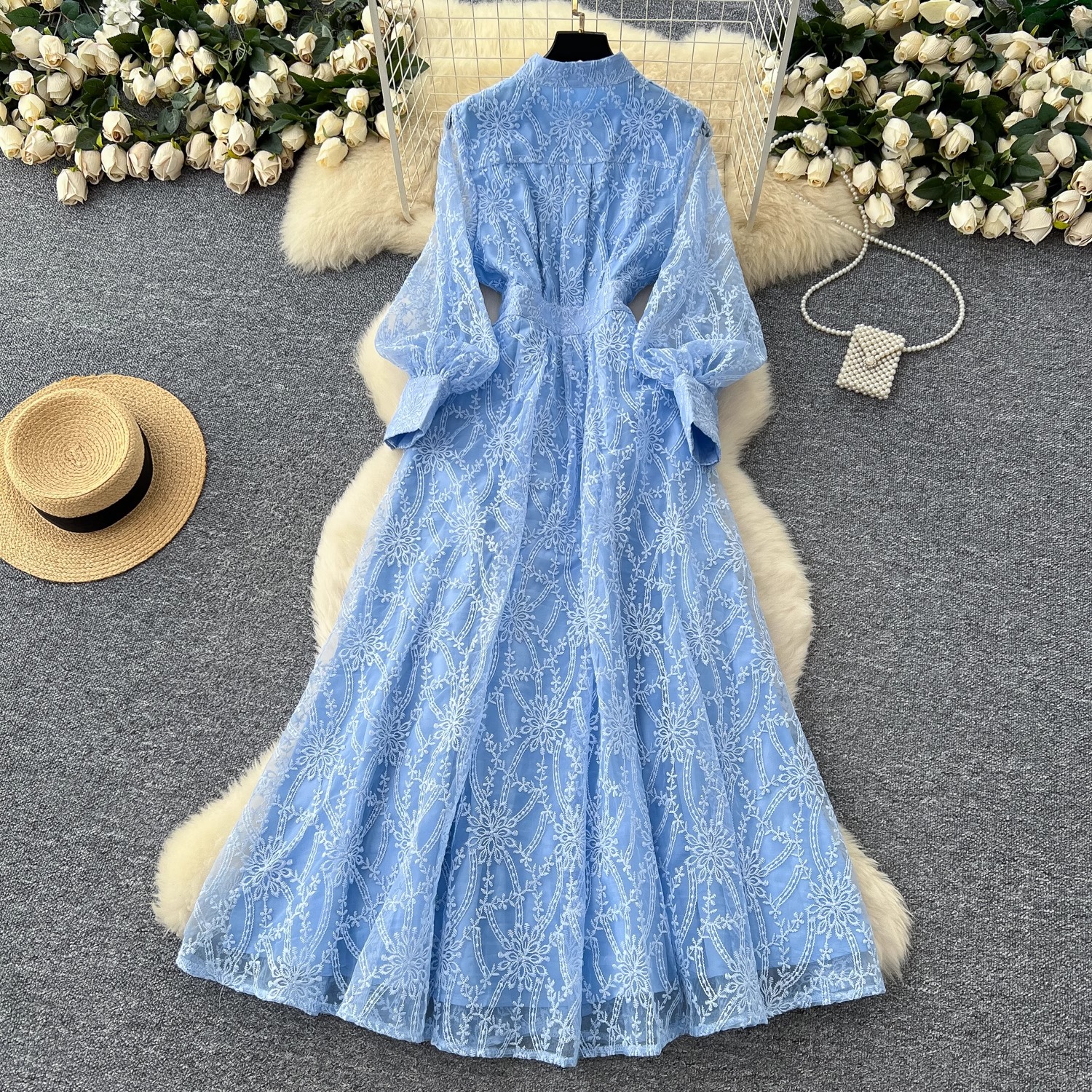 Robe française rétro élégante pour femmes, nouveau Style haut de gamme, col montant, taille simple boutonnage, robe longue en maille brodée, 2025