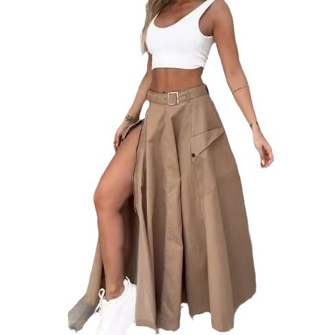 Jupe Longue de Couleur Unie avec Poches Avant et Fermeture Éclair pour Femme, Streetwear, Slim, Taille Haute, Décontracté, Safari, à la Mode, Printemps Été 2025