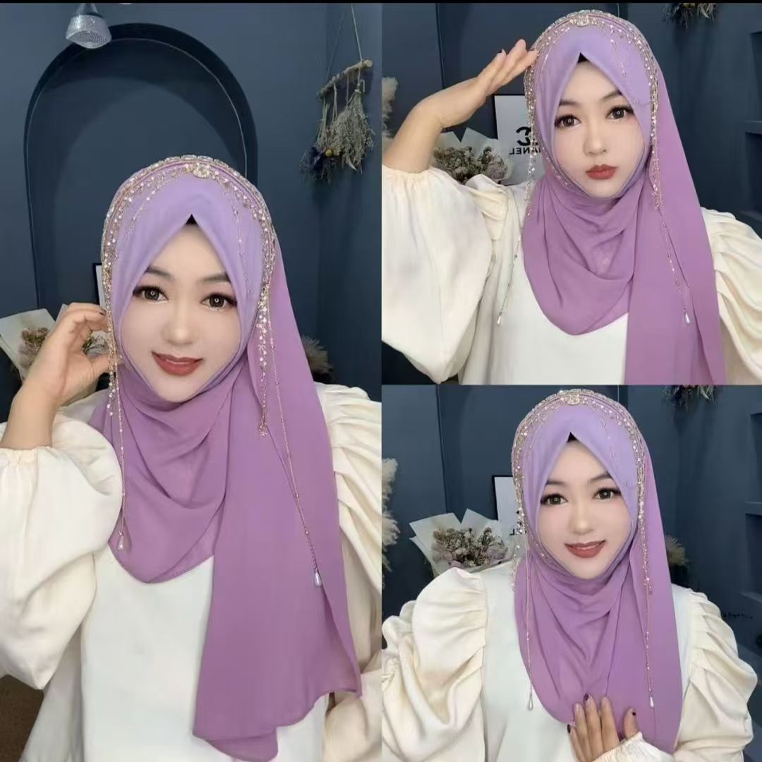 Hijabs pour femmes musulmanes bleus et roses avec perles et pompons, foulard de Ramadan, élégant pour les soirées, style malaisien, foulard Kufi islamique, été